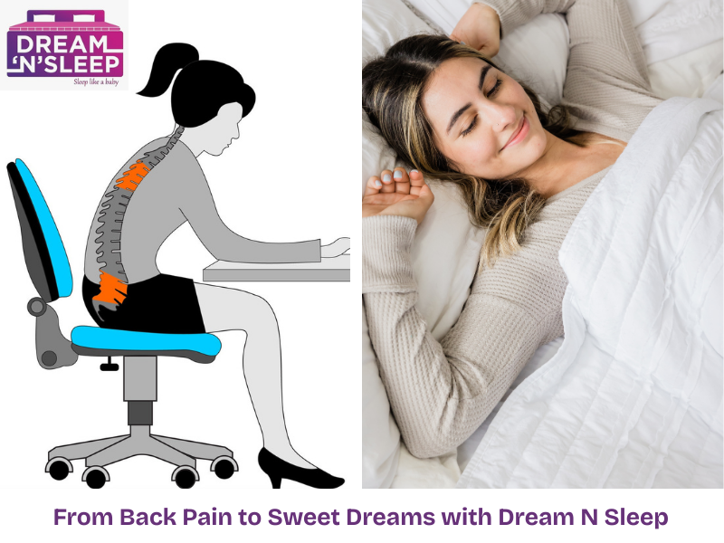 Woman with bent spine working on computer chair and same woman sleeping peacefully on Dream N Sleep mattress